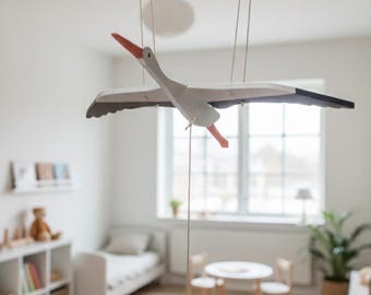 Handmade Wooden White Stork Mobile – Nordic Bird Decor with Moving Wings | Symbol of Love & Family | Baltic Folklore Inspired Gift