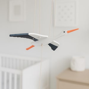 White Stork – Wooden Flying Bird Mobile | Handcrafted Nordic Decor | Moving Wings | Baltic-Inspired Gift for Nursery or Home