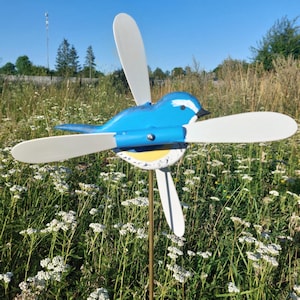 Handmade Wooden Bluetail Whirligig – Kinetic Garden Bird Decor with Moving Wings