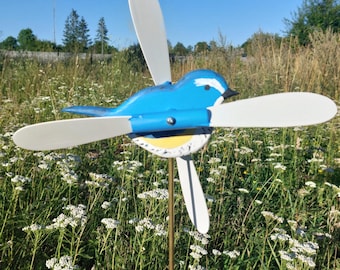 Handmade Wooden Bluetail Whirligig – Kinetic Garden Bird Decor with Moving Wings