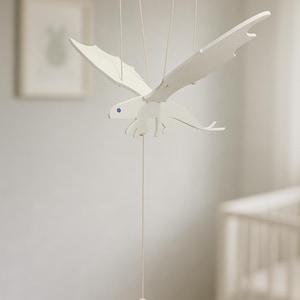 White Fantasy Dragon Mobile – Handmade Flying Creature with Moving Wings | Mythical Hanging Art | Elegant Kinetic Decor for Home or Gift