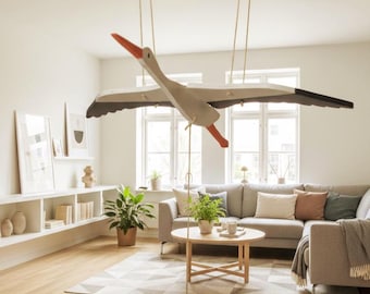 Mobile in legno fatto a mano con cicogna bianca – Decorazione nordica con uccelli e ali mobili