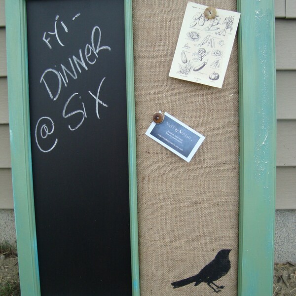 Vintage window chalkboard burlap corkboard message center