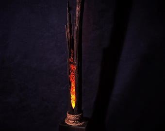 Tall Burnt Wood Lamp – Glowing Ember Driftwood Light, Handmade Rustic Lighting, Unique Sculptural Lamp, Moody Ambient Decor