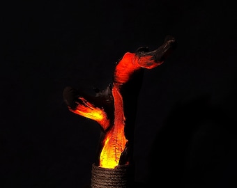 Burning Wood Lamp, Ember Glow Driftwood Light, Handmade Rustic Lamp, Fire Effect Wooden Sculpture, Gothic Ambient Lighting, Nature Art Decor