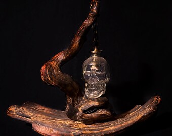 Handmade Driftwood Skull Lamp – Gothic Wood Light, Glass Bulb, Horror Decor