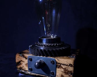 Handmade Steampunk Desk Lamp – Industrial Wood and Gear Edison Light