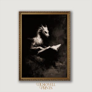 Book Dragon - Gothic Dragon Reading – Dark Academia Wall Art - Digital Download