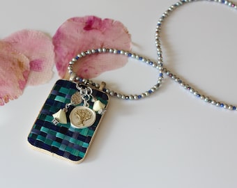 One of a kind handmade original straw art pendant on a fresh water pearls and crystal necklace