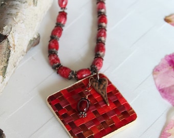 Original Straw Art Pendant on a Coral Necklace