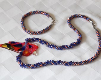 Set of Kumihimo Beaded Necklace with Fused Glass Pendant and Bracelet