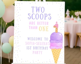 Twee bolletjes zijn beter dan één • Bordje eerste verjaardag tweeling • Afdrukbaar ijsfeestje • Welkomstbordje dubbel zo groot • Verjaardagsdecor tweeling