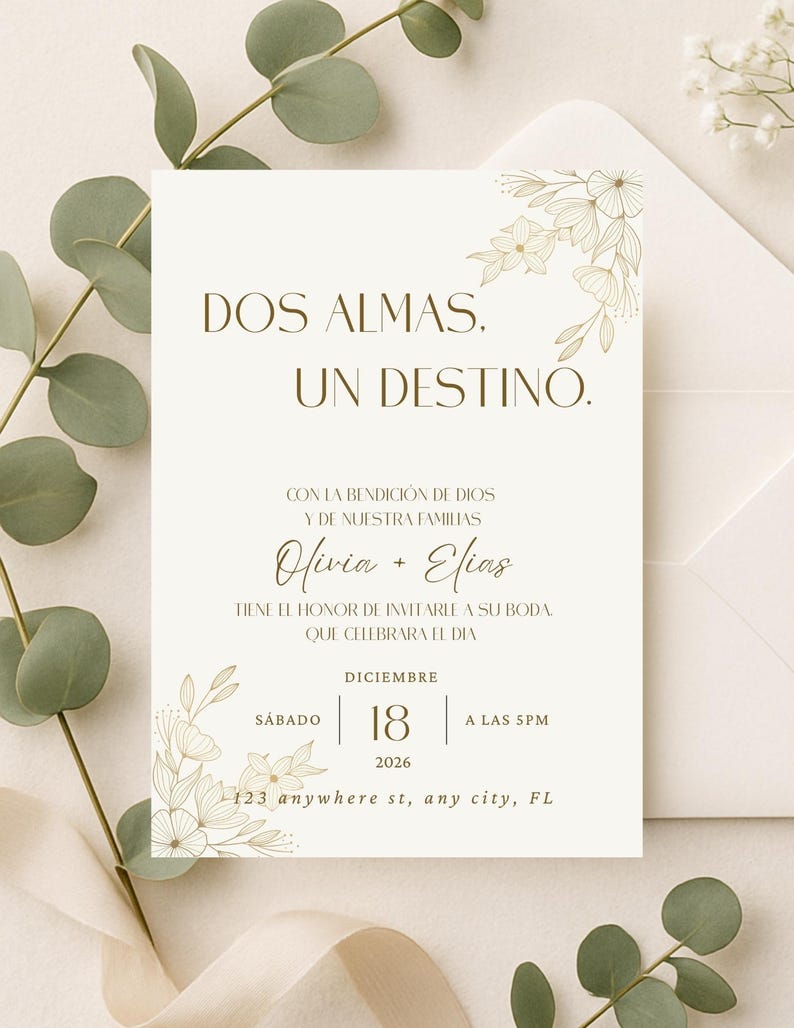 K&ouml;nnte beinhalten: Elfenbein-Hochzeitseinladung mit goldenen floralen Akzenten und Text. Die Einladung lautet "DOS ALMAS. UN DESTINO." und enth&auml;lt die Namen Olivia + Elias, Datum, Uhrzeit und Adresse. Ein passender Umschlag ist sichtbar.