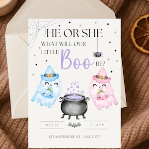 May include: A Halloween-themed invitation card with the text "HE OR SHE WHAT WILL OUR LITTLE Boo BE?" features blue and pink ghost illustrations, a cauldron, and event details. The card is on a white background with a spider web and stars.