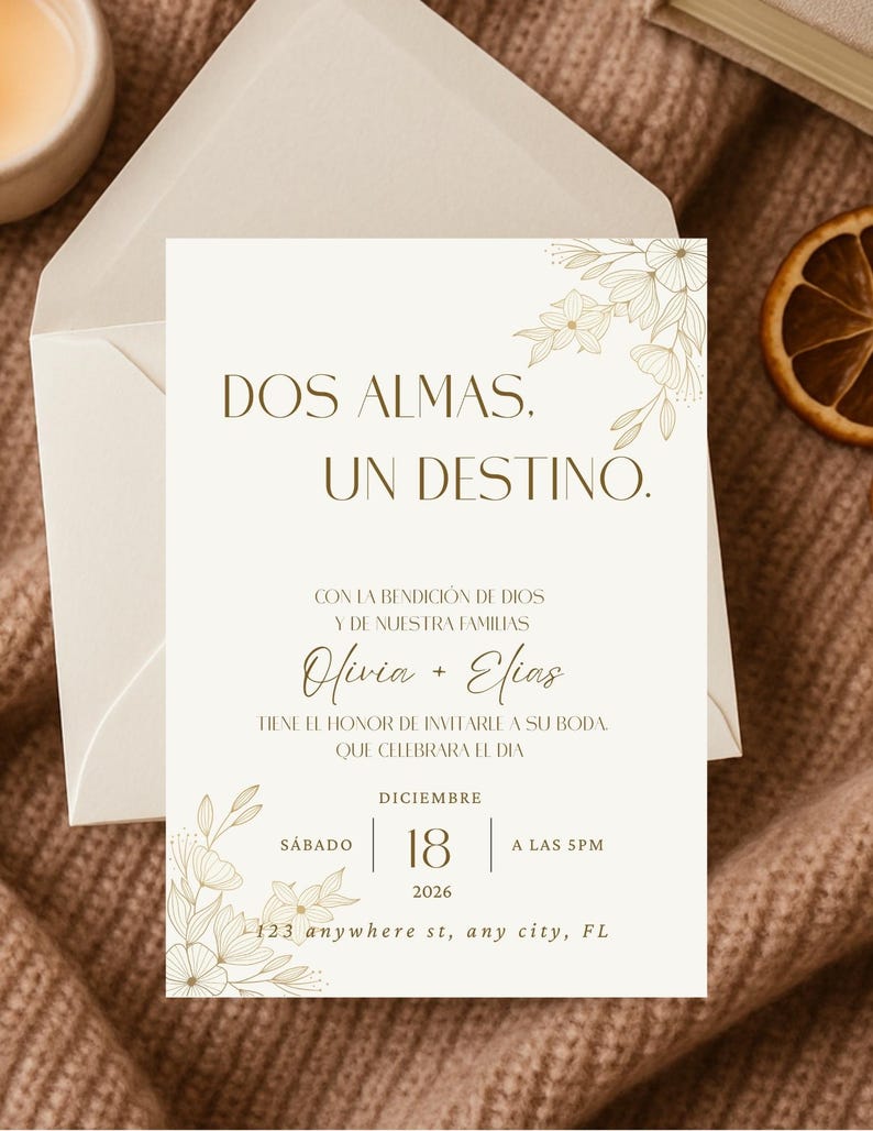 K&ouml;nnte beinhalten: Elfenbeinfarbene Hochzeitseinladung mit goldenen floralen Akzenten und Text. Die Einladung lautet "Dos Almas, Un Destino" und enth&auml;lt die Namen Olivia und Elias sowie das Datum 18. Dezember 2026 und die Uhrzeit 17:00 Uhr.