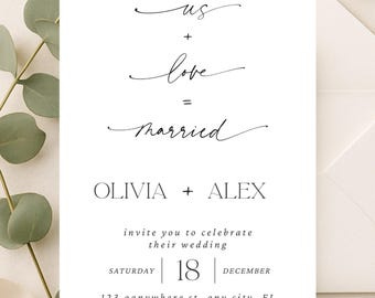 Könnte beinhalten: Eine Hochzeitseinladung mit eleganter Kalligraphie. Der Text lautet „us + love = married“ über den Namen Olivia und Alex. Die Einladung enthält das Datum, den 18. Dezember, und die Adresse 123 aanywhere st, any city, FL. Eukalyptus und ein weißer Umschlag im Hintergrund.