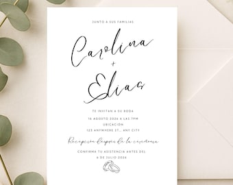 Minimalistische Hochzeitseinladung auf Spanisch - Elegante benutzerdefinierte PDF-Vorlage
