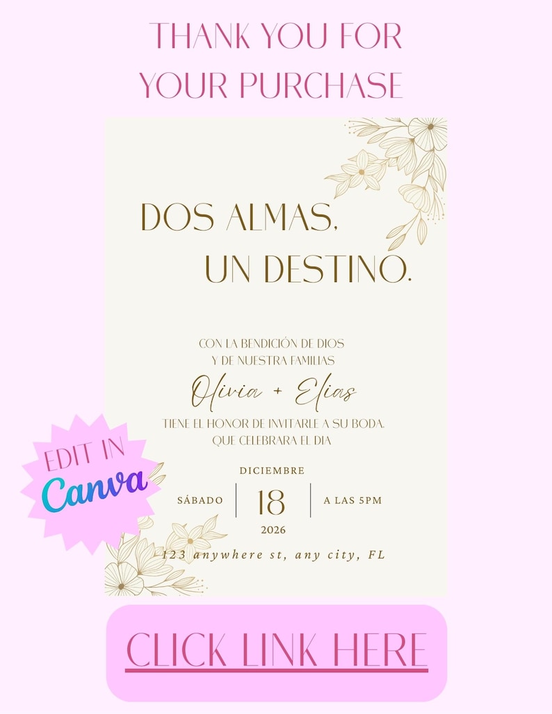 K&ouml;nnte beinhalten: Eine Hochzeitseinladung mit hellrosa Hintergrund und goldenem Text. Der Text lautet "Dos Almas, Un Destino" und enth&auml;lt die Namen Olivia und Elias sowie das Datum 18. Dezember 2026. Die Einladung sagt auch "Edit in Canva."