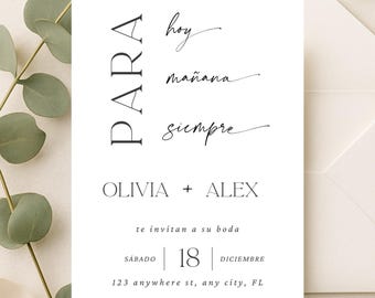 Puede incluir: Una invitación de boda blanca con texto negro. La invitación incluye los nombres Olivia y Alex, junto con la fecha, 18 de diciembre. También aparecen las palabras "Para, hoy, mañana, siempre".