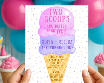 Twee scoops zijn beter dan één eerste verjaardagsuitnodiging, ijsfeestje uitnodigen, leuke verjaardagskaart, 1e verjaardag uitnodigen, tweeling meisje verjaardag