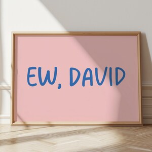 May include: A framed print with the text "EW, DAVID" in blue on a pink background. The frame is a light brown color. The print is displayed on a wooden floor.