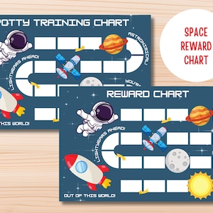 Puede incluir: Dos gráficos de recompensa con temática espacial con fondo azul. Uno está etiquetado como "Potty Training Chart" y el otro como "Reward Chart". Ambos presentan cohetes, astronautas, planetas y el texto "Lightyears Ahead!" y "Out of this World!"