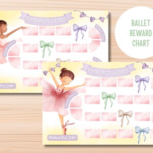 May include: Two ballet-themed reward charts with illustrations of ballerinas in pink tutus. The charts have a light yellow background, purple accents, and the text "Reward Chart" and "Beautiful job!"