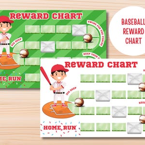 May include: Two baseball-themed reward charts with a cartoon boy holding a bat. The charts have a green and white striped background, baseballs, and spaces for rewards. Text includes "Reward Chart", "Home Run", and "Swing for the Fences".