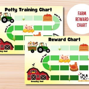 May include: Two colorful farm-themed reward charts. One is labeled "Potty Training Chart" and the other "Reward Chart." Each chart features a green path with spaces for stickers, farm animals, a tractor, and a red barn with the text "Amazing Job!"