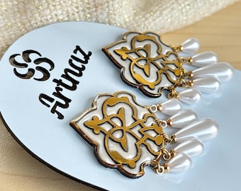 Handmade Pearl Earrings, Persian Pattern, Lightweight Hypoallergenic Jewelry, Non Tarnish, Unique Handmade
