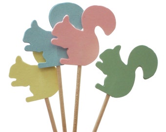 24 Pastel Squirrel Cupcake Toppers, Food Picks, Toothpicks, Food Picks, Appetizer Picks, Birthday Party Decoration - No535