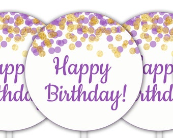 Happy Birthday Cupcake Toppers, Printable Party Circles, Favor Tags, Gift Tags, Purple and Gold Confetti, Labels, Birthday Stickers DP887