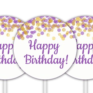 Alles Gute zum Geburtstag Cupcake Toppers, druckbare Partykreise, Geschenkanhänger, Lila und Gold Konfetti, Etiketten, Geburtstagsaufkleber DP887
