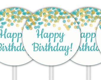 Happy Birthday Cupcake Toppers, Printable Party Circles, Favor Tags, Gift Tags, Teal and Gold Confetti, Labels, Birthday Stickers,  DP886