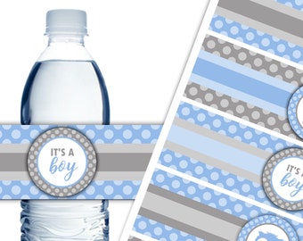 Owl Water Bottle Labels, It's a Boy Water Bottle Labels, Printable Labels, It's a Boy Baby Shower, Blue and Gray, Instant Download - DP836