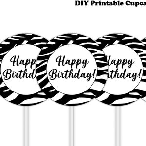 Zebra Print Happy Birthday Cupcake Toppers Tags Party Favor Circles Confetti Cake Picks Animal Jungle Birthday Decor Instant Download DP849