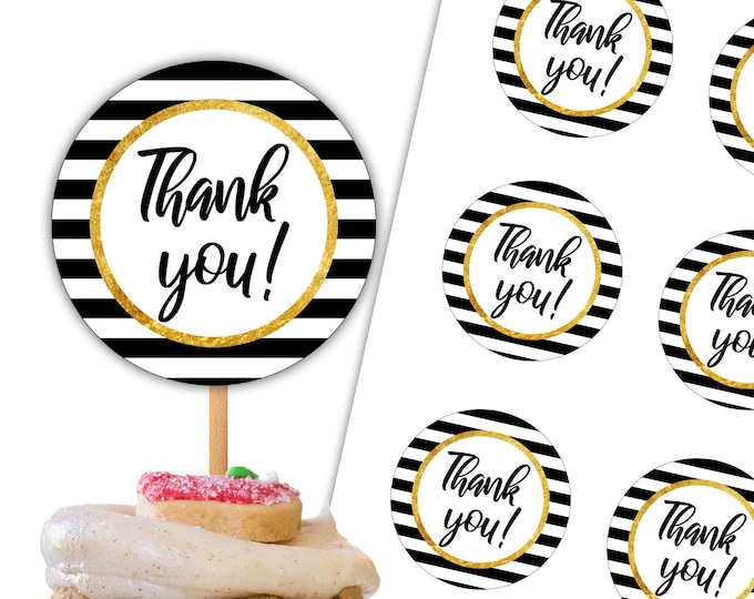 Thank You Cupcake Toppers Printable Tags Party Circles 2 Inch Black and White Bridal Shower ...