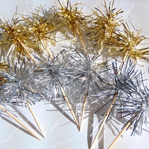 12 Sparkle Gold or Silver Tinsel Cupcake Toppers, Valentine's Day, New Year Party Decorations, Wedding Decorations
