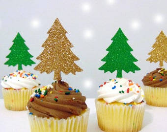 Christmas Tree Cupcake Toppers 12CT, Holiday Decorations, Glitter Gold and Green, Party Supplies - No567