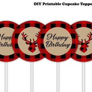 Drwal Wesołych Urodzin Cupcake Toppery Tagi Upominkowe Buffalo Plaid Woodland Dekoracja Urodzinowa Natychmiastowe Pobieranie DP940