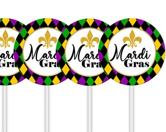 May include: Three 2-inch round printable cupcake toppers with a Mardi Gras theme. Each topper features a gold fleur-de-lis, black text that says "Mardi Gras", and a purple, green, and gold diamond pattern.