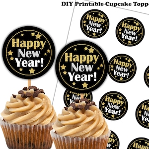 Happy New Year Cupcake Toppers, Printable Cupcake Toppers, New Years Party Decor, Gift Tags, Labels, Hello 2022, Instant Download DP654 image 1