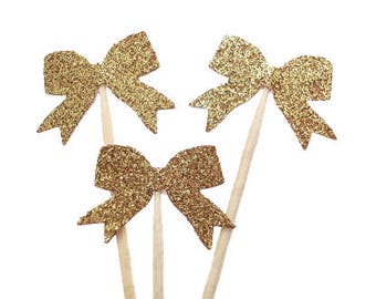 Glittered Gold Bow Party Picks, Toothpicks, Cupcake Toppers, Food Picks, Treat Picks - No887