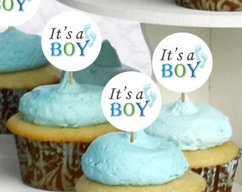 It's a Boy Cupcake Toppers 10CT, Boy Baby Shower Decoration, Baby Feet Cupcake Topper, It's a Boy Party Picks, Toothpicks - No1139