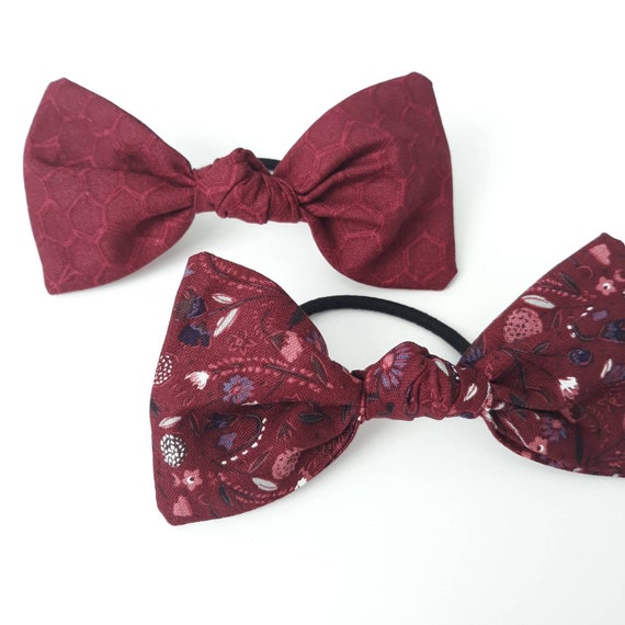 Burgundy Top Knot Bow Hair Tie Bun Ponytail Holder Elastic Hair Girls Women Accessories Set of 2 Il_570xn