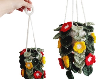 Crochet Hanging Vine Flower Plant, Home Decor, Potted Flowers, Red and Yellow Flowers, Crochet Flowers in the Pot