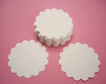 50 - 1.5" White Scalloped Circles Punch Tags, Gift Tags, Cupcake Toppers, Scrapbooking, Embellishments - No723