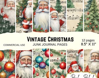 Vintage Christmas Junk Journal Pages Printable, Christmas Digital Paper Pack, Santa Clause Backgrounds, Ephemera, Printable Scrapbook Paper