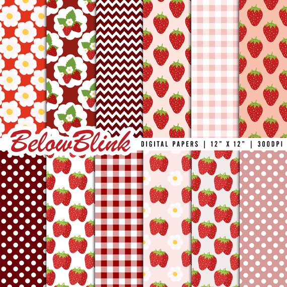 Strawberry Digital Paper, Seamless Backgrounds, Scrapbook Paper, Printable Papers, Baby Shower, Gingham, Polka Dots, Chevron - DP1094 Il_570xn