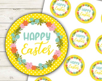 Yellow Polka Dots Floral Happy Easter Stickers, Printable Happy Easter Labels, Happy Easter Cupcake Toppers, Instant Download - DP1029